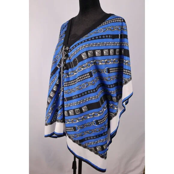 Michael Kors Women's Blue Black Chain Print Poncho Top Size L/XL Polyester Light - Picture 4 of 11